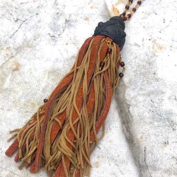 Tan & Orange leather Fan Pull or furniture Tassel Pull with ornate gray top VTG - Picture 5 of 13